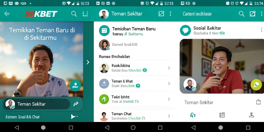 Tampilan antarmuka 55KBET dengan fitur Teman Sekitar.