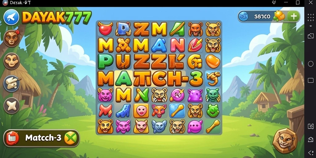 Tampilan antarmuka menarik dari permainan Puzzle Match-3 DAYAK777.