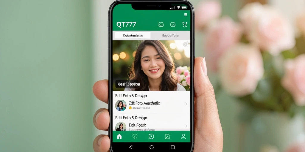 Antarmuka QT777 dengan berbagai alat edit foto aesthetic.